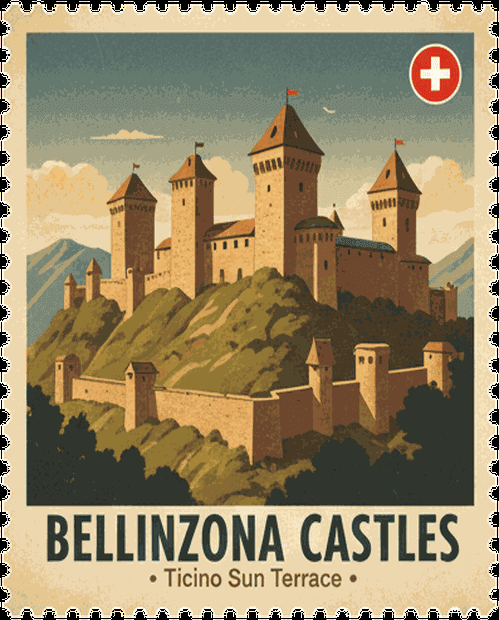 Bellinzona Castles vintage travel stamp