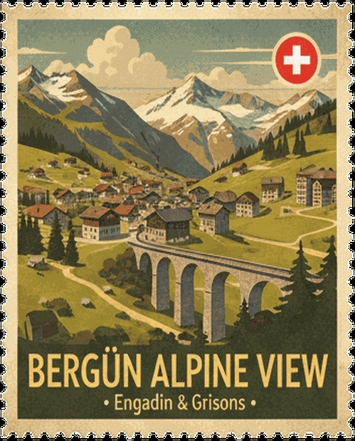 Bergün Alpine View vintage travel stamp