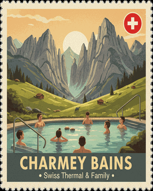 Charmey Bains vintage travel stamp