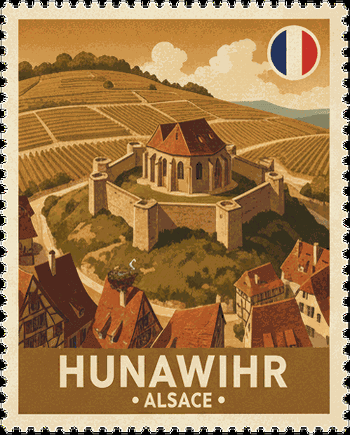 Hunawihr vintage travel stamp