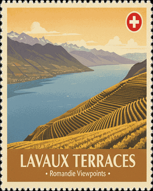 Lavaux Terraces vintage travel stamp