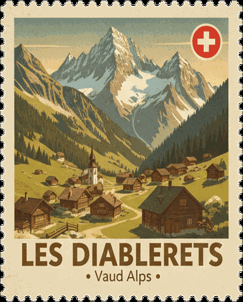 Les Diablerets vintage travel stamp