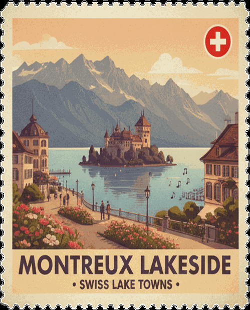 Montreux Lakeside vintage travel stamp