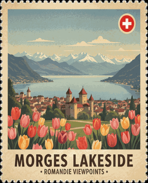 Morges Lakeside vintage travel stamp