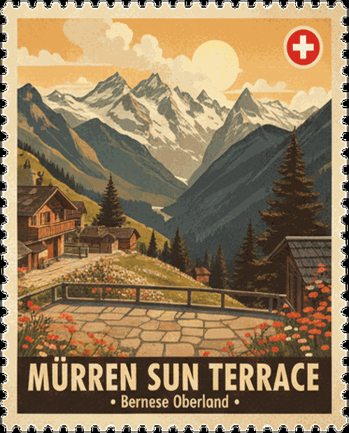 Mürren Sun Terrace vintage travel stamp