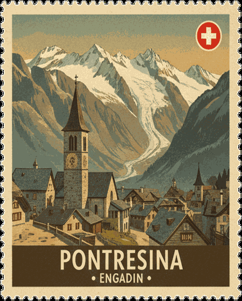 Pontresina vintage travel stamp