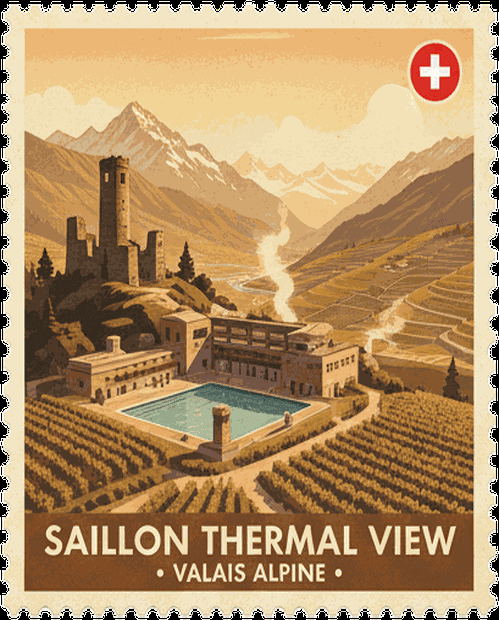 Saillon Thermal View vintage travel stamp