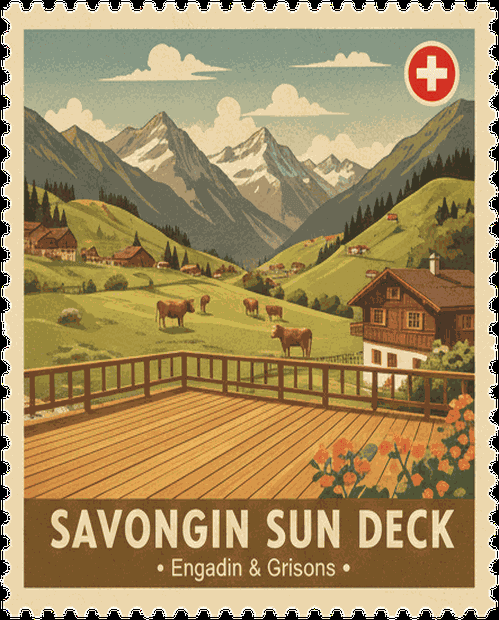 Savognin Sun Deck vintage travel stamp