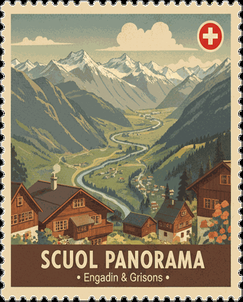 Scuol Panorama vintage travel stamp