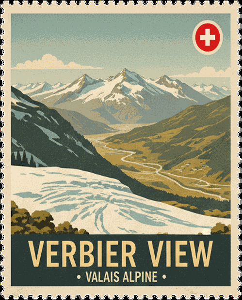 Verbier View vintage travel stamp