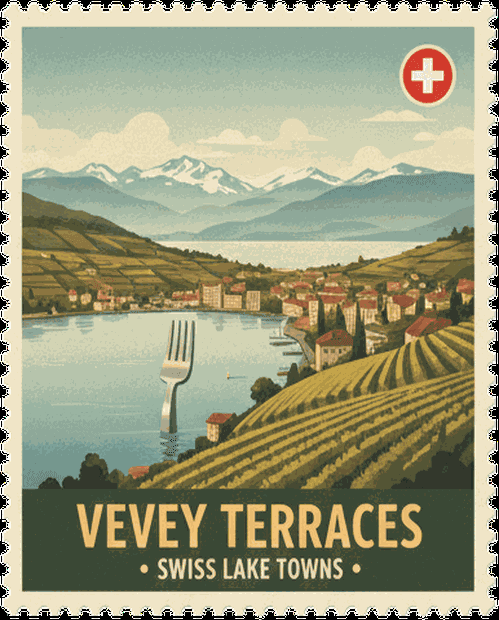 Vevey Terraces vintage travel stamp