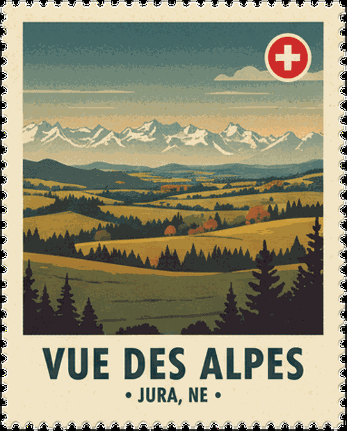 Vue des Alpes vintage travel stamp