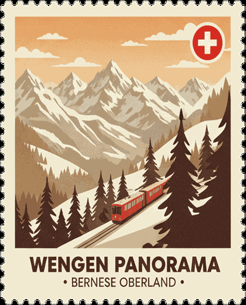 Wengen Panorama vintage travel stamp